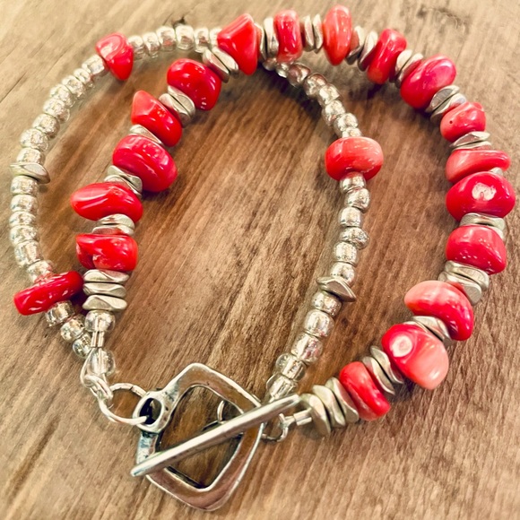 Coral agate & silver hand-made 1of a kind double-strand bracelet. - Picture 1 of 3